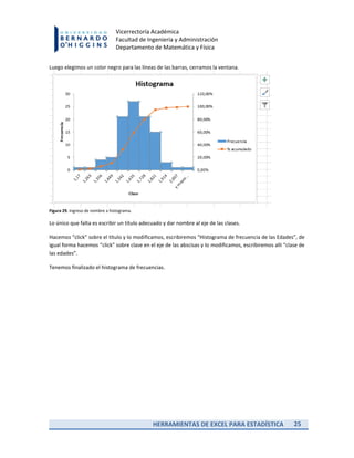 HERRAMIENTAS DE EXCEL PARA ESTADÍSTICA 25
Vicerrectoría Académica
Facultad de Ingeniería y Administración
Departamento de Matemática y Física
Luego elegimos un color negro para las líneas de las barras, cerramos la ventana.
Figura 29. Ingreso de nombre a histograma.
Lo único que falta es escribir un título adecuado y dar nombre al eje de las clases.
Hacemos “click” sobre el título y lo modificamos, escribiremos “Histograma de frecuencia de las Edades”, de
igual forma hacemos “click” sobre clase en el eje de las abscisas y lo modificamos, escribiremos allí “clase de
las edades”.
Tenemos finalizado el histograma de frecuencias.
 