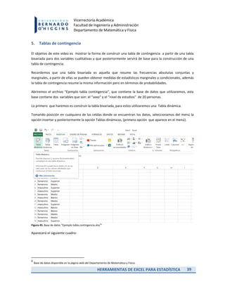 HERRAMIENTAS DE EXCEL PARA ESTADÍSTICA 39
Vicerrectoría Académica
Facultad de Ingeniería y Administración
Departamento de Matemática y Física
5. Tablas de contingencia
El objetivo de este video es mostrar la forma de construir una tabla de contingencia a partir de una tabla
bivariada para dos variables cualitativas y que posteriormente servirá de base para la construcción de una
tabla de contingencia.
Recordemos que una tabla bivariada es aquella que resume las frecuencias absolutas conjuntas y
marginales, a partir de ellas se pueden obtener medidas de estadísticos marginales y condicionales, además
la tabla de contingencia resume la misma información pero en términos de probabilidades.
Abriremos el archivo “Ejemplo tabla contingencia”, que contiene la base de datos que utilizaremos, esta
base contiene dos variables que son: el “sexo” y el “nivel de estudios” de 20 personas.
Lo primero que haremos es construir la tabla bivariada, para estos utilizaremos una Tabla dinámica.
Tomando posición en cualquiera de las celdas donde se encuentran los datos, seleccionamos del menú la
opción insertar y posteriormente la opción Tablas dinámicas, (primera opción que aparece en el menú).
Figura 45. Base de datos “Ejemplo tabla contingencia.xlsx6
”
Aparecerá el siguiente cuadro:
6
Base de datos disponible en la página web del Departamento de Matemática y Física.
 