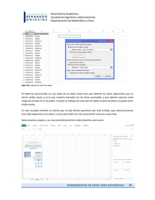 HERRAMIENTAS DE EXCEL PARA ESTADÍSTICA 40
Vicerrectoría Académica
Facultad de Ingeniería y Administración
Departamento de Matemática y Física
Figura 46. Ingreso de matriz de datos.
Al habernos posicionado en una celda de los datos Excel toma por defecto los datos adyacentes que no
tienen celdas vacías y es lo que muestra marcado con las líneas punteadas y que además aparece como
rango de entrada en el recuadro. Cuando se trabaja con este tipo de tablas la base de datos no puede tener
celdas vacías.
En este recuadro también se solicita que se elija dónde queremos que esté la tabla, aquí seleccionaremos
una celda adyacente a los datos, a veces por orden los más conveniente será una nueva hoja.
Seleccionamos aceptar y se crea automáticamente la tabla dinámica, pero vacía
 