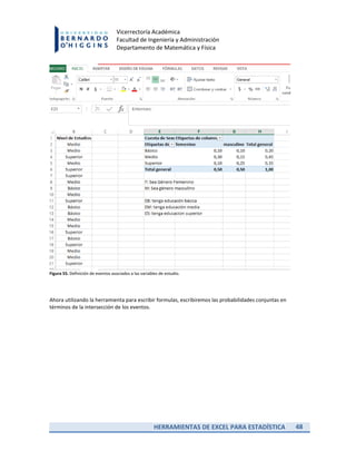 HERRAMIENTAS DE EXCEL PARA ESTADÍSTICA 48
Vicerrectoría Académica
Facultad de Ingeniería y Administración
Departamento de Matemática y Física
Figura 55. Definición de eventos asociados a las variables de estudio.
Ahora utilizando la herramienta para escribir formulas, escribiremos las probabilidades conjuntas en
términos de la intersección de los eventos.
 