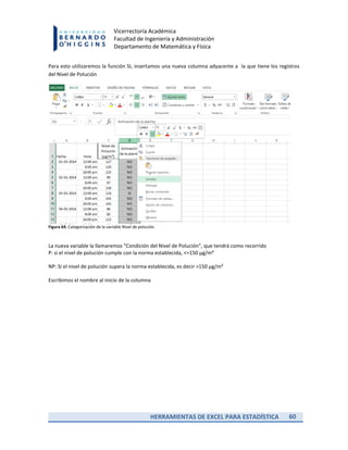 HERRAMIENTAS DE EXCEL PARA ESTADÍSTICA 60
Vicerrectoría Académica
Facultad de Ingeniería y Administración
Departamento de Matemática y Física
Para esto utilizaremos la función SI, insertamos una nueva columna adyacente a la que tiene los registros
del Nivel de Polución
Figura 64. Categorización de la variable Nivel de polución.
La nueva variable la llamaremos “Condición del Nivel de Polución”, que tendrá como recorrido
P: si el nivel de polución cumple con la norma establecida, <=150 µg/m³
NP: Si el nivel de polución supera la norma establecida, es decir >150 µg/m³
Escribimos el nombre al inicio de la columna
 