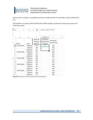 HERRAMIENTAS DE EXCEL PARA ESTADÍSTICA 63
Vicerrectoría Académica
Facultad de Ingeniería y Administración
Departamento de Matemática y Física
Hacemos clic en aceptar y nos queda para la primera celda asociado “P”, permitido cuando la medición fue
127.
Posicionados en la esquina inferior derecha de la celda evaluada, arrastramos el mouse para copiar en el
resto de las celdas
Figura 69. Extensión de función SI al resto de la columna adyacente.
 
