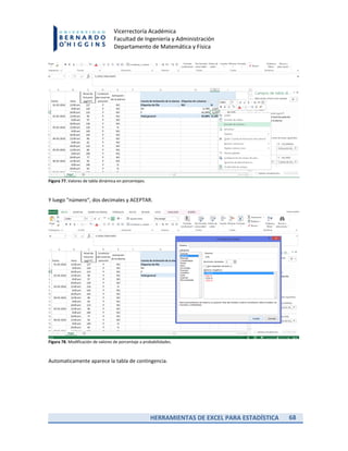 HERRAMIENTAS DE EXCEL PARA ESTADÍSTICA 68
Vicerrectoría Académica
Facultad de Ingeniería y Administración
Departamento de Matemática y Física
Figura 77. Valores de tabla dinámica en porcentajes.
Y luego “número“, dos decimales y ACEPTAR.
Figura 78. Modificación de valores de porcentaje a probabilidades.
Automaticamente aparece la tabla de contingencia.
 
