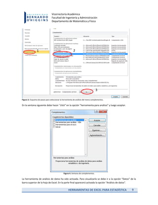 HERRAMIENTAS DE EXCEL PARA ESTADÍSTICA 9
Vicerrectoría Académica
Facultad de Ingeniería y Administración
Departamento de Matemática y Física
Figura 3. Esquema de pasos para seleccionar la herramienta de análisis del menú complementos.
En la ventana siguiente debe hacer “click” en la opción “herramienta para análisis” y luego aceptar.
Figura 4. Ventana de complementos.
La herramienta de análisis de datos ha sido activada. Para visualizarla se debe ir a la opción “Datos” de la
barra superior de la hoja de Excel. En la parte final aparecerá activada la opción “Análisis de datos”.
 