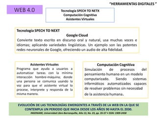 EVOLUCIÓN DE LAS TECNOLOGÍAS EMERGENTES A TRAVÉS DE LA WEB EN LA QUE SE
CONTEMPLA UN PERIODO QUE INICIA DESDE LOS AÑOS 90 HASTA EL 2030.
INGENIARE, Universidad Libre-Barranquilla, Año 13, No. 23, pp. 35-57 • ISSN: 1909-2458
WEB 4.0 Tecnología SPECH TO NETX
Computación Cognitiva
Asistentes Virtuales
Tecnología SPECH TO NEXT
Google Cloud
Convierte texto escrito en discurso oral y natural, usa muchas voces e
idiomas; aplicando variedades lingüísticas. Un ejemplo son las potentes
redes neuronales de Google, ofreciendo un audio de alta fidelidad.
Computación Cognitiva
Simulación de procesos del
pensamiento humano en un modelo
computarizado. Siendo
informáticos automatizados
sistemas
capaces
de resolver problemas sin necesidad
de la asistencia humana.
Asistentes Virtuales
Programa que ayuda a usuarios a
automatizar tareas con la
interacción hombre-máquina;
mínima
donde
una persona se comunica usando la
voz para que el asistente virtual lo
procese, interprete y responda de la
misma manera.
“HERRAMIENTAS DIGITALES ”
 