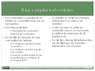 Blog y página web estática Los contenidos y apariencia se editan en el servidor sólo con un navegador. Los blog permiten: Categorizar los contenidos Ordenar los contenidos Se facilita la creación de una comunidad de trabajo: Los visitantes pueden enviar contenidos Los visitantes pueden remitir comentarios Se puede recibir noticia de las actualizaciones mediante la tecnología RSS. La página se edita en el propio ordenador y se sube a un servidor. Cada vez que se edita un contenido nuevo, es necesario modificar la estructura de la página web. Se limita a transmitir información, sin facilitar que los usuarios interactúen con el autor. 