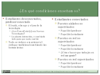 ¿En qué condiciones enseñamos? Estudiantes desconectados, profesor conectado El vudú, el mago y el  zen  de la tecnología ¿Los PowerPoint (c) son Nuevas Tecnologías? La pizarra interactiva, o cambiarlo todo para que nada cambie Todo se reduce a mantener el enfoque tradicional cambiando las herramientas Estudiantes conectados Puestos aislados no supervisados Papel del profesor Papel del estudiante Puestos en red no supervisados Papel del profesor Papel del estudiante ¿Cómo hacer que trabajen en red  sua sponte ? Puestos en red supervisados Papel del profesor Papel del estudiante 