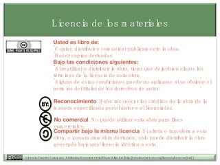 Licencia de los materiales Usted es libre de: Copiar, distribuir y comunicar públicamente la obra Hacer copias derivadas Bajo las condiciones siguientes: Al reutilizar o distribuir la obra, tiene que dejar bien claros los términos de la licencia de esta obra. Alguna de estas condiciones puede no aplicarse si se obtiene el permiso del titular de los derechos de autor. Reconocimiento . Debe reconocer los créditos de la obra de la manera especificada por el autor o el licenciador. No comercial . No puede utilizar esta obra para fines comerciales. Compartir bajo la misma licencia . Si altera o transforma esta obra, o genera una obra derivada, sólo puede distribuir la obra generada bajo una licencia idéntica a esta. 