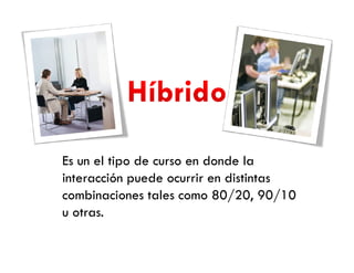 Es un el tipo de curso en donde la
interacción puede ocurrir en distintas
combinaciones tales como 80/20, 90/10
u otras.
 