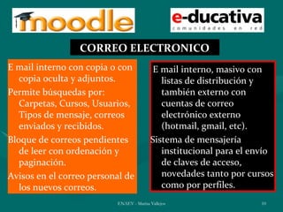 CORREO ELECTRONICO
E mail interno con copia o con           E mail interno, masivo con
   copia oculta y adjuntos.                 listas de distribución y
Permite búsquedas por:                      también externo con
   Carpetas, Cursos, Usuarios,              cuentas de correo
   Tipos de mensaje, correos                electrónico externo
   enviados y recibidos.                    (hotmail, gmail, etc).
Bloque de correos pendientes             Sistema de mensajería
   de leer con ordenación y                 institucional para el envío
   paginación.                              de claves de acceso,
Avisos en el correo personal de             novedades tanto por cursos
   los nuevos correos.                      como por perfiles.
                          ENAEV - Marisa Vallejos                   10
 