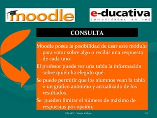 CONSULTA

Moodle posee la posibilidad de usar este módulo
   para votar sobre algo o recibir una respuesta
   de cada uno.
El profesor puede ver una tabla la información
   sobre quién ha elegido qué.
Se puede permitir que los alumnos vean la tabla
   o un gráfico anónimo y actualizado de los
   resultados.
Se pueden limitar el número de máximo de
   respuestas por opción.
            ENAEV - Marisa Vallejos            18
 