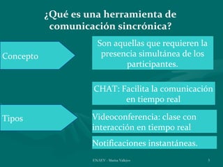 ¿Qué es una herramienta de
            comunicación sincrónica?
                      Son aquellas que requieren la
Concepto               presencia simultánea de los
                             participantes.

                    CHAT: Facilita la comunicación
                           en tiempo real

Tipos               Videoconferencia: clase con
                    interacción en tiempo real
                    Notificaciones instantáneas.
                    ENAEV - Marisa Vallejos           3
 