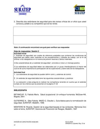 !
"
2. Describa dos estándares de seguridad para dos tareas críticas de un oficio que usted
conozca y pídale a su compañero que se los revise.
Nota: A continuación encontrará una guía para verificar sus respuestas
Hoja de respuestas: Sesión 2
Actividad inicial
1. Estándar de seguridad: son niveles de referencia aceptados que contienen las condiciones de
seguridad que deben estar implícitas en los procedimientos y métodos de trabajo, con el fin de
orientar a los trabajadores en la manera de prevenir lesiones o daños materiales.
2.Dos características de un estándar de seguridad: concretos e incluir un mensaje positivo.
3.Los estándares de seguridad deben ser elaborados por un grupo interdisciplinario al interior del
cual es de suma importancia la participación de los supervisores y sobre todo de los trabajadores.
Actividad final
1. Los estándares de seguridad se pueden definir como: y sistemas de control.
2. Un estándar de seguridad debe tener las siguientes características: y positivos
3. La evaluación a ésta pregunta la realizan los compañeros teniendo en cuenta que el estándar
cumpla con los criterios que se presentan en la página 21-22
BIBLIOGRAFÍA
BETANCUR G, Fabiola María. Salud ocupacional: Un enfoque humanista. McGraw-Hill,
Bogotá, 2001.
GUTIERREZ A, Elba Fabiola. MAZO C, Claudia L. Guía básica para la normatización de
seguridad. SURATEP, Medellín, 1996
MONTERO M. Ricardo. Gestión de la seguridad basada en las conductas. Memorias foro
sobre el tema, SURATEP, Gerencia de Prevención de Riesgos, Medellín, 1997
 