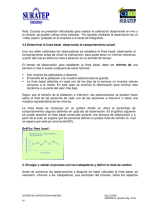 !
"
Nota: Cuando se presenten dificultades para realizar la calibración observando en vivo y
en directo, se pueden utilizar otros métodos. Por ejemplo mediante la observación de un
“video casero” grabado en la empresa o a través de fotografías.
4.3 Determinar la línea basal observando el comportamiento actual
Una vez estén calibrados los observadores se establece la línea basal, observando el
comportamiento antes de iniciar la intervención, para poder tener un nivel de referencia
a partir del cual se defina la meta a alcanzar en un período de tiempo.
El tiempo de observación para establecer la línea basal, debe ser mínimo de una
semana o más si existe cualquiera de estos factores:
Son muchos los estándares a observar.
El tamaño de la población o la muestra seleccionada es grande.
La línea basal obtenida en cada uno de los días de la semana no muestra valores
cercanos a la media. En este caso se continúa la observación para verificar esta
tendencia o se parte del valor más bajo.
Según sea el tamaño de la población a intervenir, las observaciones se pueden hacer
sobre el total de las personas de cada una de las secciones a intervenir o sobre una
muestra representativa de las mismas.
La línea basal se construye en un gráfico donde se ubica el porcentaje de
comportamientos seguros obtenido en cada día de observación. En el gráfico siguiente
se puede observar la línea basal construida durante una semana de observación y a
partir de la cual, se sugiere que las personas definan su propia meta de cambio, la cual
se espera que esté por encima del 60%.
DIVISIÓN DE HIGIENE Y SEGURIDAD - 01/05/2000 - VERSIÓN 02 - D0052/09-091002/C
40.0%
43.3%
36.0%
51.4%
40.0%
50.0%
40.0%
0.0%
10.0%
20.0%
30.0%
40.0%
50.0%
60.0%
1
2
3
4
5
6
7
5. Divulgar y validar el proceso con los trabajadores y definir la meta de cambio
Antes de comenzar las observaciones y después de haber calculado la línea basal, es
necesario, informar a los trabajadores, que participan del proceso, sobre los aspectos
 