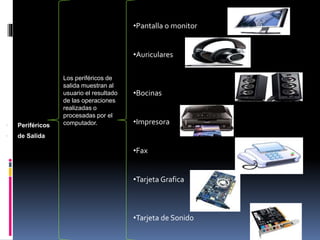  Periféricos
 de Salida
Los periféricos de
salida muestran al
usuario el resultado
de las operaciones
realizadas o
procesadas por el
computador.
•Pantalla o monitor
•Auriculares
•Bocinas
•Impresora
•Fax
•Tarjeta Grafica
•Tarjeta de Sonido
 