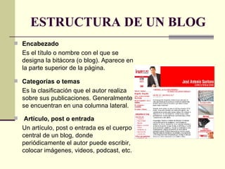 ESTRUCTURA DE UN BLOG Encabezado Es el título o nombre con el que se designa la bitácora (o blog). Aparece en la parte superior de la página.   Categorías o temas Es la clasificación que el autor realiza sobre sus publicaciones. Generalmente se encuentran en una columna lateral. Artículo, post o entrada Un artículo, post o entrada es el cuerpo central de un blog, donde periódicamente el autor puede escribir, colocar imágenes, videos, podcast, etc. 