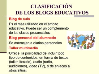 CLASIFICACIÓN  DE LOS BLOGS EDUCATIVOS Blog de aula Es el más utilizado en el ámbito educativo. Puede ser un complemento de las clases presenciales Blog personal del alumnado Se asemejan a diarios personales Taller multimedia Ofrece  la posibilidad de incluir todo tipo de contenidos, en forma de textos (taller literario), audio (radio, audiciones), video (TV), o de enlaces a otros sitios.  