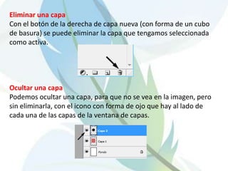Eliminar una capa
Con el botón de la derecha de capa nueva (con forma de un cubo
de basura) se puede eliminar la capa que tengamos seleccionada
como activa.




Ocultar una capa
Podemos ocultar una capa, para que no se vea en la imagen, pero
sin eliminarla, con el icono con forma de ojo que hay al lado de
cada una de las capas de la ventana de capas.
 