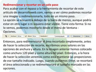 Redimensionar y recortar en un solo pasoPara acabar con el repaso a la herramienta de recortar de este artículo de desarrolloweb.com, vamos a ver cómo podemos recortar una imagen y redimensionarla, todo en un mismo paso. La opción se encuentra debajo de la barra de menús, aunque podría estar en otro lugar o ni siquiera estar visible. Tiene esta forma: Si no lo vemos, podemos mostrarlo desde el menú de Ventana - Opciones. Entonces, para redimensionar el área recortada simplemente, antes de hacer la selección de recorte, escribimos unos valores en las opciones de anchura y altura. En la imagen anterior hemos colocado como anchura 120 píxel y como altura 60 píxel. Entonces, a la hora de hacer la selección veremos como esta mantiene las proporciones de ese tamaño indicado. Luego, cuando pulsemos Enter, se recortará el área seleccionada y se redimensionará al tamaño marcado en las opciones. 
