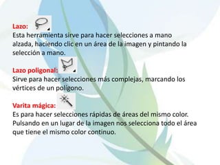Lazo:Esta herramienta sirve para hacer selecciones a mano alzada, haciendo clic en un área de la imagen y pintando la selección a mano.Lazo poligonal:Sirve para hacer selecciones más complejas, marcando los vértices de un polígono. Varita mágica:Es para hacer selecciones rápidas de áreas del mismo color. Pulsando en un lugar de la imagen nos selecciona todo el área que tiene el mismo color continuo.