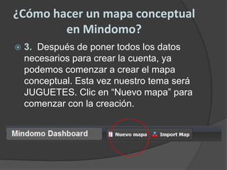 ¿Cómo hacer un mapa conceptual en Mindomo?3.  Después de poner todos los datos necesarios para crear la cuenta, ya podemos comenzar a crear el mapa conceptual. Esta vez nuestro tema será JUGUETES. Clic en “Nuevo mapa” para comenzar con la creación.