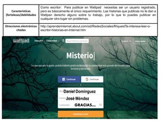 Características
(fortalezas/debilidades
Como escritor: Para publicar en Wattpad necesitas ser un usuario registrado,
pero es básicamente el único requerimiento. Las historias que publicas no le dan a
Wattpan derecho alguno sobre tu trabajo, por lo que lo puedes publicar en
cualquier otro lugar sin problemas.
Direcciones electrónicas
citadas
http://aprenderinternet.about.com/od/RedesSociales/fl/iquestTe-interesa-leer-o-
escribir-historias-en-Internet.htm
Daniel Domínguez
José Méndez
GRACIAS…
 