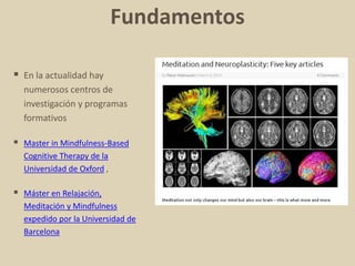 Fundamentos
 En la actualidad hay
numerosos centros de
investigación y programas
formativos
 Master in Mindfulness-Based
Cognitive Therapy de la
Universidad de Oxford ,
 Máster en Relajación,
Meditación y Mindfulness
expedido por la Universidad de
Barcelona
 