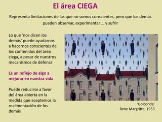 Representa limitaciones de las que no somos conscientes, pero que los demás
pueden observar, experimentar … y sufrir
Lo que ‘nos dicen los
demás’ puede ayudarnos
a hacernos conscientes de
los contenidos del área
ciega, a pesar de nuestros
mecanismos de defensa
Es un reflejo de algo a
mejorar en nuestra vida
Puede reducirse a favor
del área abierta en la
medida que aceptemos la
realimentación de los
demás
‘Golconda’
Rene Margritte, 1953
El área CIEGA
 