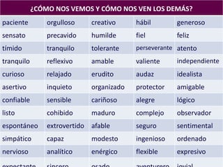 ¿CÓMO NOS VEMOS Y CÓMO NOS VEN LOS DEMÁS?
paciente orgulloso creativo hábil generoso
sensato precavido humilde fiel feliz
tímido tranquilo tolerante perseverante atento
tranquilo reflexivo amable valiente independiente
curioso relajado erudito audaz idealista
asertivo inquieto organizado protector amigable
confiable sensible cariñoso alegre lógico
listo cohibido maduro complejo observador
espontáneo extrovertido afable seguro sentimental
simpático capaz modesto ingenioso ordenado
nervioso analítico enérgico flexible expresivo
 