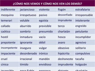 ¿CÓMO NOS VEMOS Y CÓMO NOS VEN LOS DEMÁS?
indiferente jactancioso violento fisgón estrafalario
mezquino irrespetuoso pasivo desconfiado irresponsable
temerari voluble egoísta imprudente intolerante
callado aburrido previsible terco engreído
caótico sombrío presumido charlatán petulante
hostil inmaduro vacío hosco incumplidor
prepotente ignorante débil avaro agresivo
incompetente inseguro vulgar obsesivo solitario
impaciente desordenado irónico hipócrita compulsivo
cruel irracional mandón deshonesto tacaño
cínico tímido envidioso imprudente holgazán
 