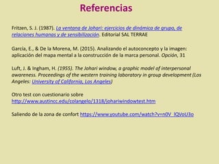 Fritzen, S. J. (1987). La ventana de Johari: ejercicios de dinámica de grupo, de
relaciones humanas y de sensibilización. Editorial SAL TERRAE
García, E., & De la Morena, M. (2015). Analizando el autoconcepto y la imagen:
aplicación del mapa mental a la construcción de la marca personal. Opción, 31
Luft, J. & Ingham, H. (1955). The Johari window, a graphic model of interpersonal
awareness. Proceedings of the western training laboratory in group development (Los
Angeles: University of California, Los Angeles)
Otro test con cuestionario sobre
http://www.austincc.edu/colangelo/1318/johariwindowtest.htm
Saliendo de la zona de confort https://www.youtube.com/watch?v=n0V_lQVoU3o
Referencias
 
