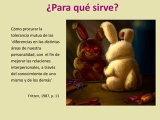Cómo procurar la
tolerancia mutua de las
´diferencias en las distintas
áreas de nuestra
personalidad, con el fin de
mejorar las relaciones
interpersonales, a través
del conocimiento de uno
mismo y de los demás’
Fritzen, 1987, p. 11
¿Para qué sirve?
 