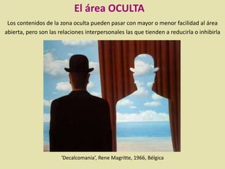 Los contenidos de la zona oculta pueden pasar con mayor o menor facilidad al área
abierta, pero son las relaciones interpersonales las que tienden a reducirla o inhibirla
‘Decalcomania’, Rene Magritte, 1966, Bélgica
El área OCULTA
 