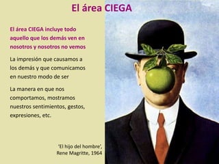 El área CIEGA incluye todo
aquello que los demás ven en
nosotros y nosotros no vemos
La impresión que causamos a
los demás y que comunicamos
en nuestro modo de ser
La manera en que nos
comportamos, mostramos
nuestros sentimientos, gestos,
expresiones, etc.
‘El hijo del hombre’,
Rene Magritte, 1964
El área CIEGA
 