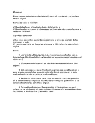 Resumen
El resumen se entiende como la abreviación de la información sin que pierda su
sentido original.
Formas de hacer el resumen:
a) Usando las frases originales (textuales de la fuente) o
b) Usando palabras propias sin distorsionar las ideas originales; a esta forma se le
denomina paráfrasis.
Aspectos a considerar:
a) Las ideas se escriben siguiendo rigurosamente el orden de aparición de las
mismas en el texto.
b) La extensión debe ser de aproximadamente el 10% de la extensión del texto
original.
Pasos:
1. Leer el texto (utiliza algunas de las recomendaciones hechas para la
lectura eficaz. Identifica el objetivo y las palabra s que desconozcas búscalas en el
diccionario).
2. Subraya las ideas básicas: Se descartan las ideas secundarias o de
soporte.
3. Elaborar oraciones clave: Con las ideas principales que obtuviste en el
paso anterior, genera listas, recuerda cuidar el orden de aparición en el texto,
realiza síntesis de ellas a través de oraciones lógicas.
4. Realizar un borrador con ideas clave: Usando las oraciones generadas
en el párrafo anterior, empieza a redactar, lee lo escrito para que busques si se
conserva la coherencia con el texto original.
5. Corrección del resumen: Busca sencillez en la redacción, así como
coherencia, se eliminan repeticiones, así como ideas que aún no quedaban claras.
Se presenta el resultado final (Castañeda, 2003).
 