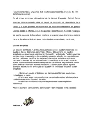 Resumen (no más de un párrafo de 5 renglones (corresponde alrededor del 10%
de la lectura original):
En el primer congreso Internacional de la Lengua Española, Gabriel García
Márquez, hizo un paralelo sobre las reglas de ortografía, los reglamentos de la
Policía y el buen gobierno; resaltando que es necesario enfatizarnos en generar
valores, desde la infancia, donde los padres y docentes son modelos y espejos.
Ya que la ausencia de los valores nos lleva a un progresivo deterioro en cadena
hacia la decadencia de la sociedad convirtiéndola en permisiva y perniciosa.
Cuadro sinóptico
De acuerdo con Rojas, F. (1985), los cuadros sinópticos pueden elaborarse con
ayuda de llaves, diagramas, columnas o hileras. Básicamente los cuadros
sinópticos nos sirven para organizar la información y sintetizarla. Pueden servirnos
también como organizadores de un trabajo, proyecto, artículo, etc., que debamos
escribir. La idea es identificar las variables/criteros que se trataran; estos son
dados en ocasiones por las mismas instrucciones de las actividades y en otras
somos nosotros quiénes debemos elegirlas con pertinencia. Regularmente se nos
piden análisis-síntesis de manera intercalada. A continuación se dan algunos
ejemplos de actividades o trabajos que pueden ser solicitados utilizando cuadro
sinóptico:
- Genera un cuadro sinóptico de las 5 principales técnicas académicas
revisadas en el curso.
- Elabora un mapa conceptual donde compares los estilos administrativos
predominantes en las últimas 5 décadas.
- Plasma en un mapa conceptual las principales ideas del periodo
Neoclásico.
Algunos ejemplos se muestran a continuación y son utilizados como prácticas:
Práctica 1
 