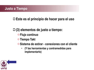 Justo a Tiempo
Este es el principio de hacer para el uso
(3) elementos de justo a tiempo:
Flujo continuo
Tiempo Takt
Sistema de estirar - conexiones con el cliente
• (Y las herramientas y contramedidas para
implementarlo)
 