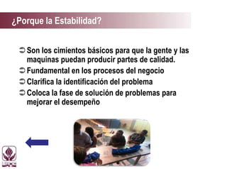¿Porque la Estabilidad?
Son los cimientos básicos para que la gente y las
maquinas puedan producir partes de calidad.
Fundamental en los procesos del negocio
Clarifica la identificación del problema
Coloca la fase de solución de problemas para
mejorar el desempeño
 