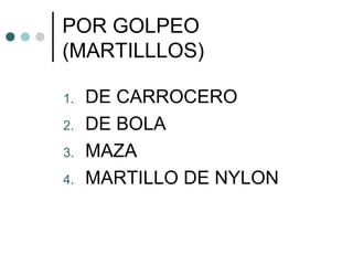POR GOLPEO
(MARTILLLOS)

1.   DE CARROCERO
2.   DE BOLA
3.   MAZA
4.   MARTILLO DE NYLON
 