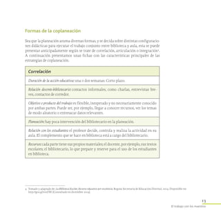 13
El trabajo con los maestros
Formas de la coplaneación
Sea que la planeación asuma diversas formas, y se decida sobre distintas configuracio-
nes didácticas para ejecutar el trabajo conjunto entre biblioteca y aula, esta se puede
presentar anticipadamente según se trate de correlación, articulación o integración4
.
A continuación presentamos unas fichas con las características principales de las
estrategias de coplaneación.
4	 Tomado y adaptado de: La Biblioteca Escolar, Recurso educativo por excelencia. Bogotá: Secretaría de Educación Distrital, 2014. Disponible en:
http://goo.gl/s1eZWi [Consultado en diciembre 2014].
Correlación
Duración de la acción educativa: una o dos semanas. Corto plazo.
Relación docente-bibliotecario:  contactos informales, como charlas, entrevistas bre-
ves, contactos de corredor.
Objetivo o producto del trabajo: es flexible, inesperado y no necesariamente conocido
por ambas partes. Puede ser, por ejemplo, llegar a conocer recursos, ver los temas
de modo aleatorio o entresacar datos relevantes.
Planeación: hay poca intervención del bibliotecario en la planeación.
Relación con los estudiantes: el profesor decide, controla y realiza la actividad en su
aula. El complemento que se hace en biblioteca está a cargo del bibliotecario.
Recursos: cada parte tiene sus propios materiales; el docente, por ejemplo, sus textos
escolares; el bibliotecario, lo que prepare y reserve para el uso de los estudiantes
en biblioteca.
 