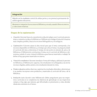 15
El trabajo con los maestros
Etapas de la coplaneación
1.	 Creación: el docente busca la conexión de su idea de trabajo con el currículo preexis-
tente y comunica su idea a la biblioteca; el bibliotecario indaga el tema de la manera
más completa posible y busca los recursos bibliográficos y tecnológicos.
2.	 Coplaneación: el docente ajusta la idea inicial para que el tema corresponda a los
recursos disponibles en biblioteca, al tiempo que afina el tema o la pregunta desde
el currículo del área y determina el tiempo de ejecución en sesiones de aula y de
biblioteca; el bibliotecario correlaciona el tema con el currículo de biblioteca y de-
termina cuándo el curso visitará la biblioteca para buscar materiales o trabajar. Se
define si hay que poner materiales en reserva.
3.	 Visita de los estudiantes: el docente introduce el tema del trabajo y adelanta lo previsto
en biblioteca; el bibliotecario capacita a los estudiantes en la búsqueda y uso de los
recursos elegidos; ambos asisten a los estudiantes durante la visita.
4.	 Producto educativo: ambos observan, registran los resultados obtenidos y determinan
si se pueden incorporar estos productos y materiales al currículo del área o de la
biblioteca.
5.	 Evaluación: tanto docente como bibliotecario deben preguntarse para sus respec-
tivos currículos si se cumplieron los objetivos de aprendizaje en sus respectivos
campos, si hay algo que mejorar, qué dificultades se presentaron y cómo abordar
obstáculos similares en el futuro.
Integración
Relación con los estudiantes: control de ambas partes y con presencia permanente de
ambos agentes educativos.
Recursos: se comparten los recursos en biblioteca y en aula, usando libros en reserva
y colecciones rotativas.
 