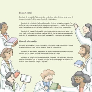 44
Uso de la Colección Semilla
Libros de ficción
Estrategia de correlación: Talleres con dos o más libros sobre el mismo tema, como el
descubrimiento de América desde el punto de vista indígena.
Estrategia de articulación: Redes de libros sobre el mismo tema, género o autor. Pue-
de formarse una red de cancioneros, poetas, poemas, canciones o coplas; libros sobre
violencia, desplazamiento y exclusión, o los libros sobre mujeres como protagonistas.
Estrategia de integración: Unidad de investigación sobre el mismo tema, autor o gé-
nero. Puede conformarse el club del miedo, el ciclo de cine de risa, un grupo de estudio
de la obra de Anthony Brown, el mes de la novela gráfica o juegos de cuentos clásicos.
Libros de información
Estrategia de correlación: Lectura y uso de dos o tres títulos con el mismo tema y uso de
accesorios del texto como índices, glosarios, tablas de contenido, etc.
Estrategia de articulación: elaboración de productos parciales de indagación como
insumos para un trabajo: bitácoras, bibliografías o notas de campo.
Estrategia de integración: unidades temáticas completas, con libros de la biblioteca
sobre el mismo tema, con un producto final que se usa, como juegos de mesa con te-
máticas, como el barrio, el colegio o el pueblo.
 