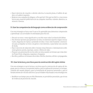 65
Reescribiendo la biblioteca en la diversidad
•	 Hacer ejercicios de creación o edición colectiva: la oración pirata, el tablero de aje-
drez o el cadáver exquisito.
•	 Redactar una campaña de eslógans: «¿Por qué leer? ¿Por qué escribir?» o crear textos
breves para material publicitario de esa campaña: manillas, volantes, abanicos, ca-
misetas o llaveros.
9. Usar las competencias de lenguaje como evidencias de comprensión
Con esta estrategia se busca usar lo que se ha aprendido para demostrar comprensión
y aprendizaje. Las actividades recomendadas para ello son:
•	 Discutir un texto o tema significativo y escribir entre todos la relatoría del debate.
•	 Dar diversas opciones para presentar un tema con distintos soportes: mapas concep-
tuales, diagramas de espina o pirámides de ideas. Crear colectivamente convencio-
nes para acompañar un texto con gestos o movimientos, o para bailar una canción
de moda.
•	 Hacer ejercicios de redacción sobre el mismo tema (literario o informativo) en dife-
rentes géneros: poesía, reportaje, cuento o libreto de video.
•	 Preparar una presentación escrita sobre un tema usando un formato que exija sínte-
sis: Power Point, telegrama, esquemas o bosquejos.
•	 Escribir y publicar en formatos divertidos: librillos, fanzines, afiches o propagandas.
10. Usar la lectura y escritura para la construcción del sujeto íntimo
Con esta estrategia se usa la lectura y escritura para la construcción de sujetos de len-
guaje, para la vivencia y la expresión estética, para la exploración personal y el enrique-
cimiento del mundo psíquico, para la formulación de proyectos personales y para el
fortalecimiento de vínculos afectivos. Las actividades relacionadas a esta estrategia son:
•	 Establecer un tiempo para escribir libremente, en portafolios personales, que sirvan
de evidencia de procesos de creación.
 