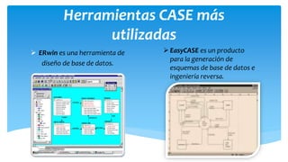 Herramientas CASE más
utilizadas
 ERwin es una herramienta de
diseño de base de datos.

 EasyCASE es un producto
para la generación de
esquemas de base de datos e
ingeniería reversa.

 