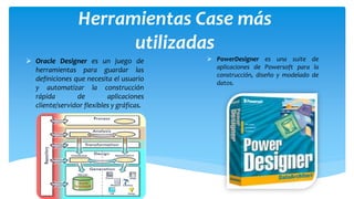 Herramientas Case más
utilizadas
 Oracle Designer es un juego de
herramientas para guardar las
definiciones que necesita el usuario
y automatizar la construcción
rápida
de
aplicaciones
cliente/servidor flexibles y gráficas.

 PowerDesigner es una suite de
aplicaciones de Powersoft para la
construcción, diseño y modelado de
datos.

 