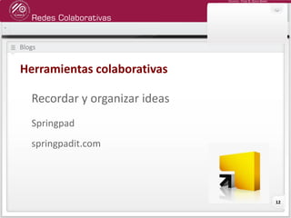 Redes Colaborativas
Docente: Fredy R. Apaza Ramos
12
Blogs
Herramientas colaborativas
Recordar y organizar ideas
Springpad
springpadit.com
 