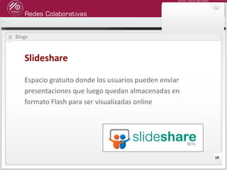 Redes Colaborativas
Docente: Fredy R. Apaza Ramos
19
Blogs
Slideshare
Espacio gratuito donde los usuarios pueden enviar
presentaciones que luego quedan almacenadas en
formato Flash para ser visualizadas online
 