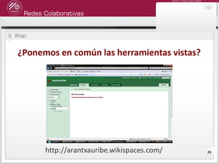 Redes Colaborativas
Docente: Fredy R. Apaza Ramos
23
Blogs
¿Ponemos en común las herramientas vistas?
http://arantxauribe.wikispaces.com/
 