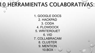 1. GOOGLE DOCS
2. HACKPAD
3. CODA
4. FLOWDOCK
5. WRITERDUET
6. VID
7. COLLABRACAM
8. CLUSTER
9. MENTION
10.BOX
 
