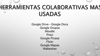 Google Drive - Google Docs
Google Grupos
Moodle
Prezi
Google Picasa
Flickr
Google Mapas
Wallwisher
 